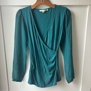 Boden Women's Blouse Faux Wrap Chiffon Sheer Sleeve Turquoise Blue V-Neck 6